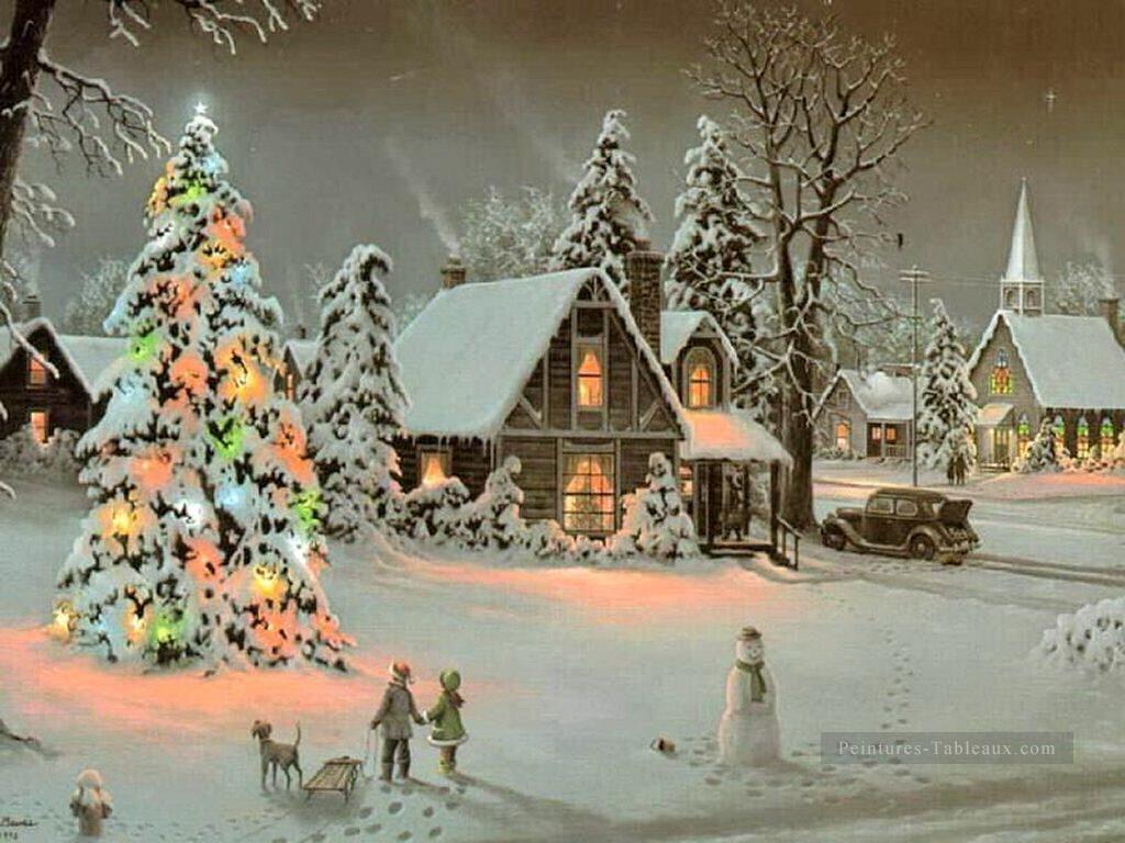 Bonhomme de neige et chalets à Noël Peintures à l'huile